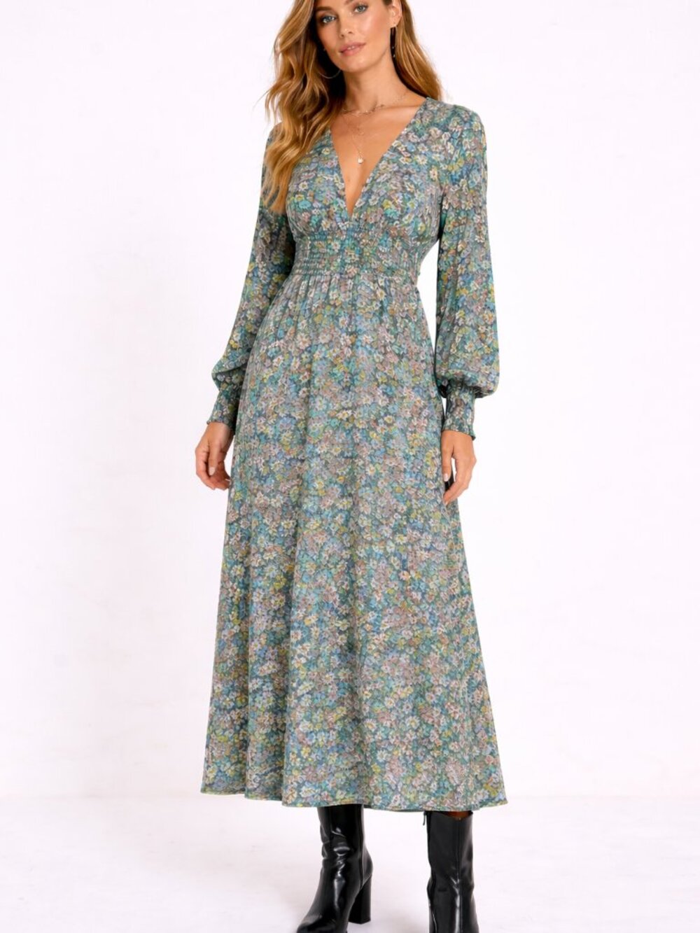 ASOS DESIGN Ditsy Floral Long Sleeve Shirred Waist Split Maxi Dress
